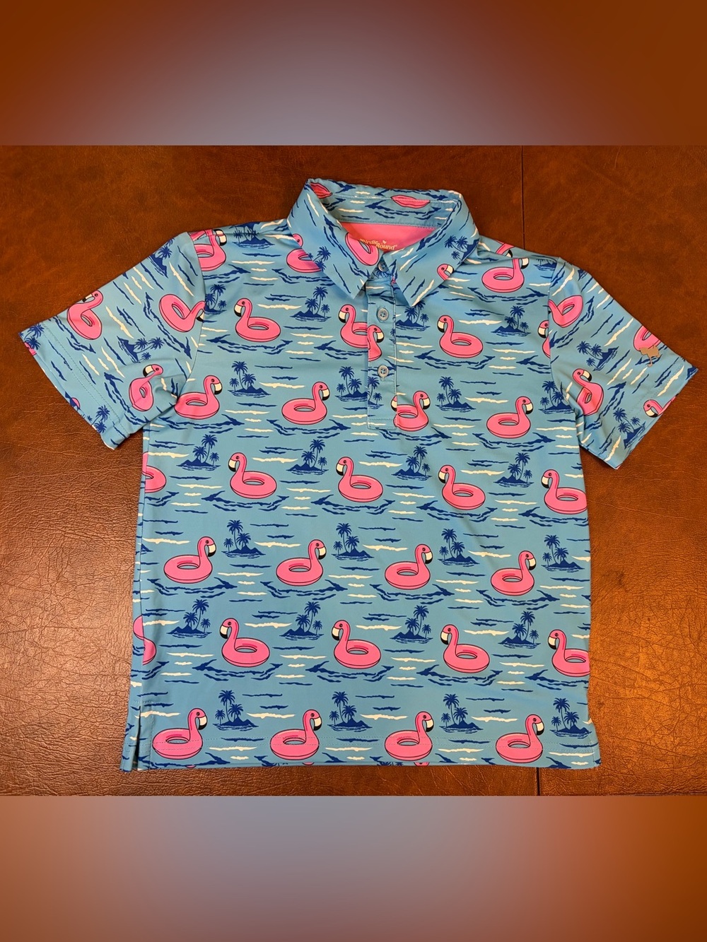 Kids Birdie Bound Pink Blue Flamingo Pool Golf Performance Polo